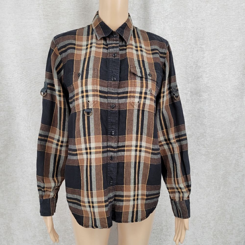 Lauren Ralph Lauren Vintage Linen Black Tan Plaid Western Women's Medium